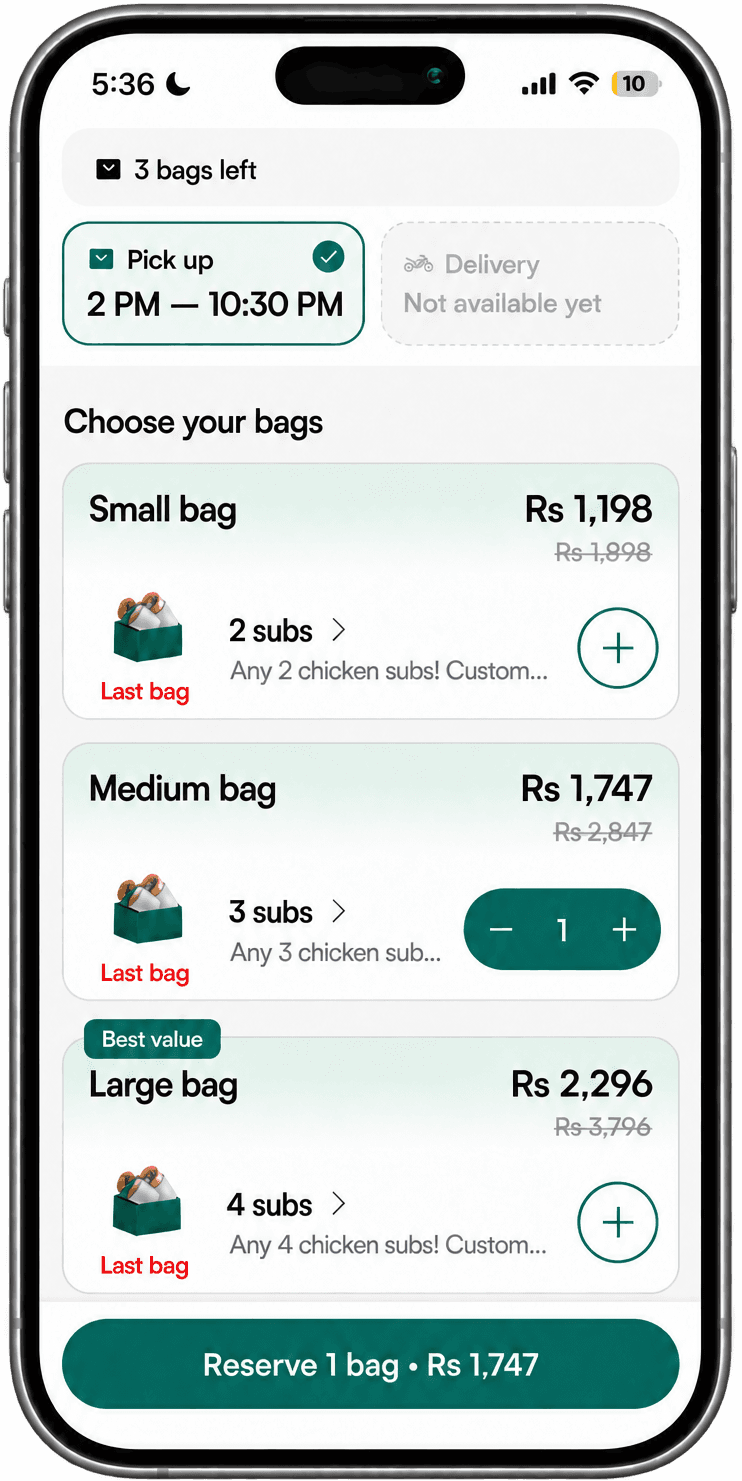What customers see in FoodLoot: Small, Medium and Large bags with prices and a 2 PM to 10:30 PM pickup window