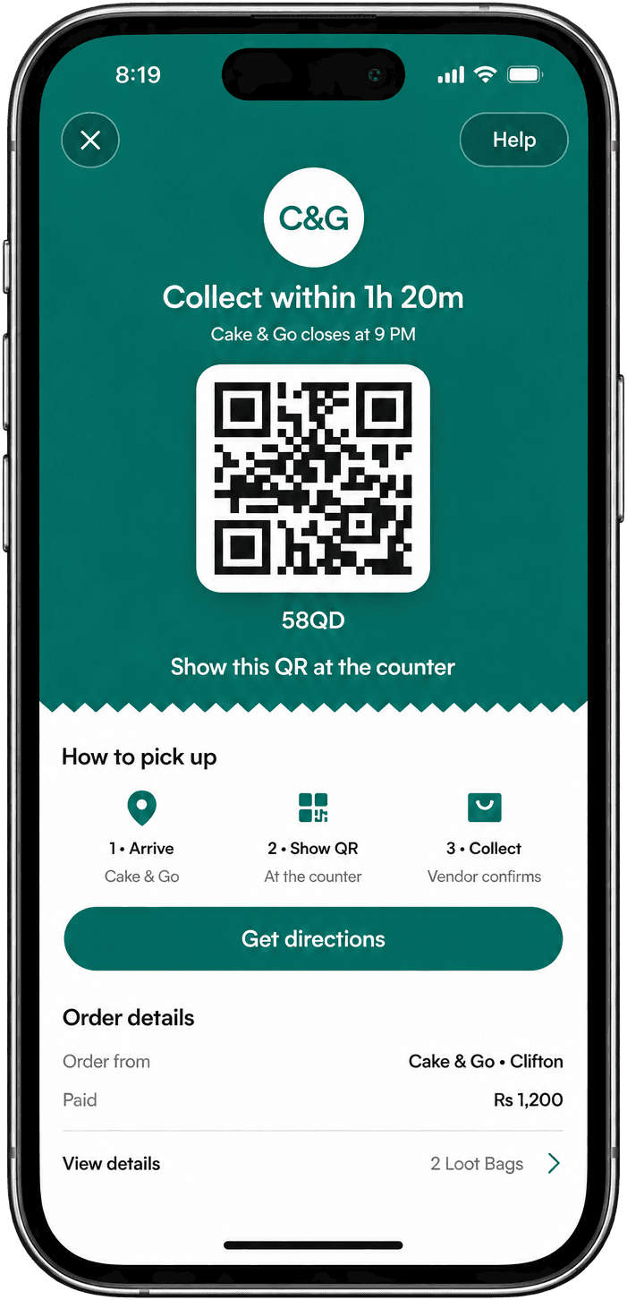 The customer’s pickup screen with the QR code they show at your counter