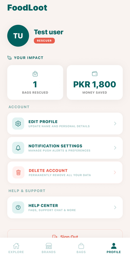 FoodLoot profile and impact screen