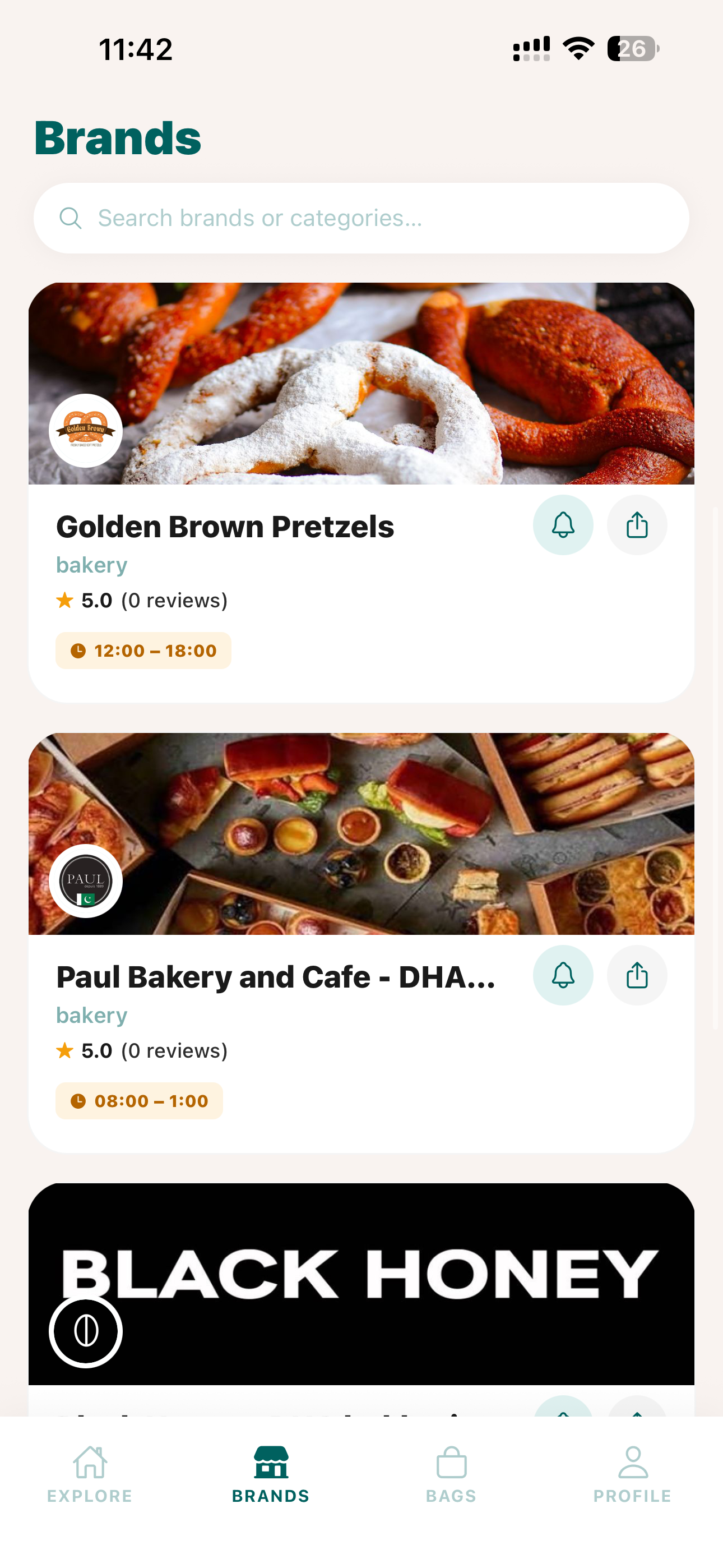 Browse Karachi's partner cafés in the FoodLoot app — Golden Brown Pretzels, Paul Bakery, Black Honey