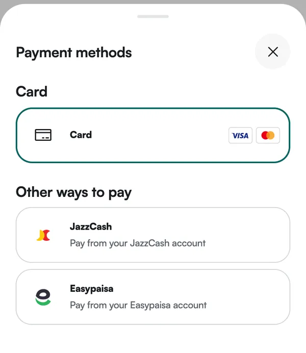 The Payment methods sheet with Card selected, and JazzCash and Easypaisa under Other ways to pay