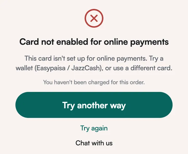 Card not enabled for online payments, with Try another way, Try again and Chat with us