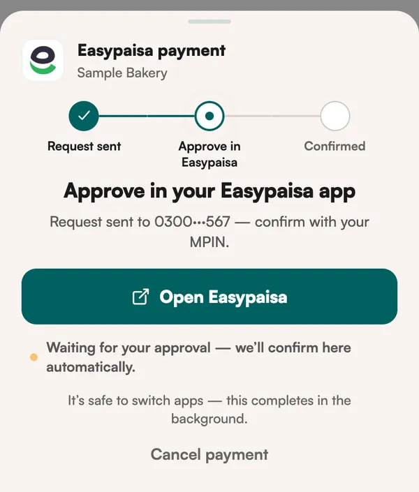 Approve in your Easypaisa app, with the Open Easypaisa button