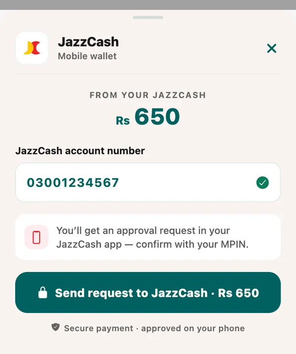The JazzCash sheet: JazzCash account number, and the Send request to JazzCash button